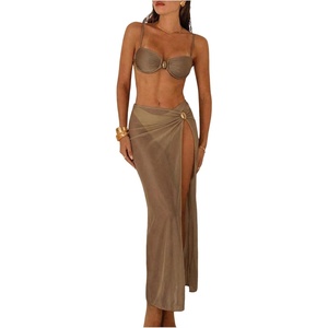 image:imageMakeMeChic Womens 3 Piece Swimsuits Summer Ruched Backless Cheeky Beach Bikini Set with Cover Up SkirtKhaki