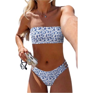 image:imageMakeMeChic Womens Bandeau Strapless Bikini Set Backless Floral Smocked Cut Out Two Piece Swimsuit Bathing SuitBlue