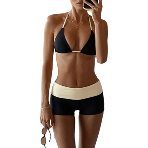 image:imageMakeMeChic Womens Bikini with Shorts Boyshort Bikini Set Halter Tie Backless Y2K Cute SwimsuitsBlack and White B