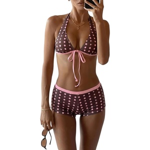 image:imageMakeMeChic Womens Bikini with Shorts Boyshort Bikini Set Halter Tie Backless Y2K Cute SwimsuitsBrown and Pink