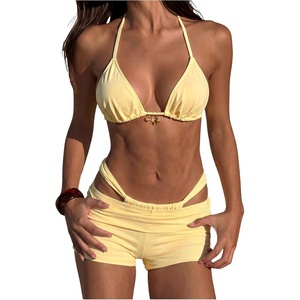 image:imageMakeMeChic Womens Bikini with Shorts Boyshort Bikini Set Halter Tie Backless Y2K Cute SwimsuitsYellow B
