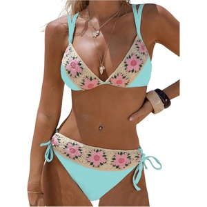image:imageMakeMeChic Womens Floral Boho Crochet Bikini Sets Tie Side 2 Piece Bathing SuitBlue