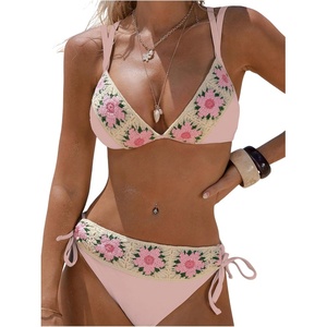 image:imageMakeMeChic Womens Floral Boho Crochet Bikini Sets Tie Side 2 Piece Bathing SuitPink