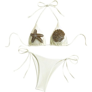 image:imageMakeMeChic Womens Halter Triangle Bikini Set Bathing Suit Shell Beige Medium