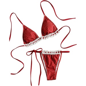 image:imageMakeMeChic Womens Polka Dots Lace Bikini Sets Triangle Halter Thong Cute 2 Piece SwimsuitRed