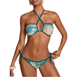 image:imageMakeMeChic Womens Sequin Bikini Sets Sparkly Tie Dye Criss Cross Halter Tie Side Bathing SuitMulticolor