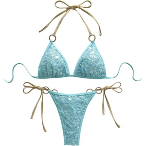 image:imageMakeMeChic Womens Summer String Sexy Bikini Sets Sequin Halter Triangle Swimsuits Two Piece Bathing SuitBlue