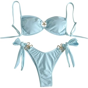 image:imageMakeMeChic Womens Two Piece Bikini Set Tie Side Ring Backless High Cut Bathing Suit SwimwearIcy Blue