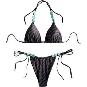 image:imageMakeMeChic Womens Zebra Striped Triangle Bikini Sets Beaded Halter String High Waisted Beach SwimsuitsBrown