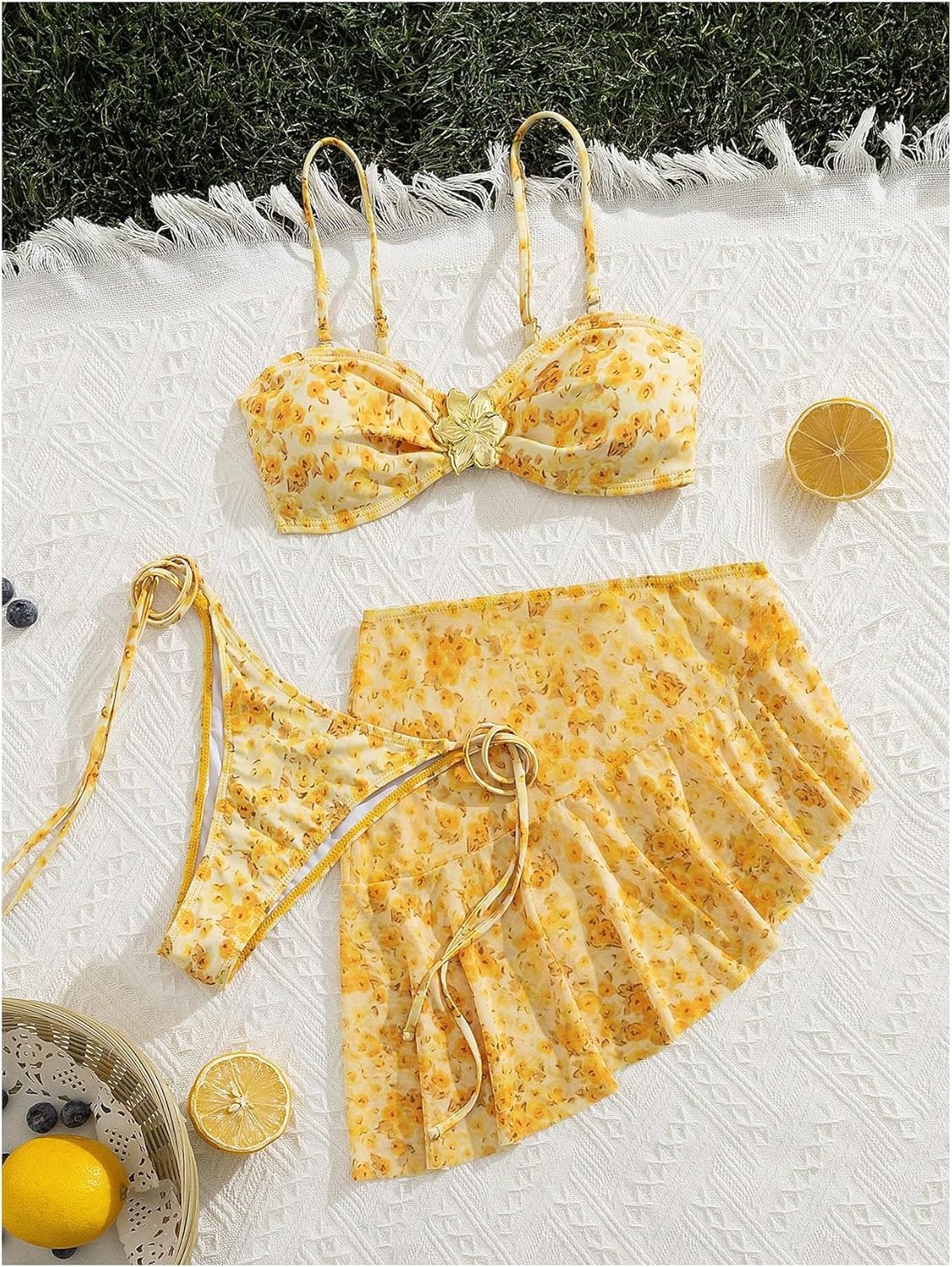 image:imageMakeMeChic Womens 3 Piece Bikini Set Floral Metal Decor Tie Side Swimsuit with Cover Up SkirtMulticolor