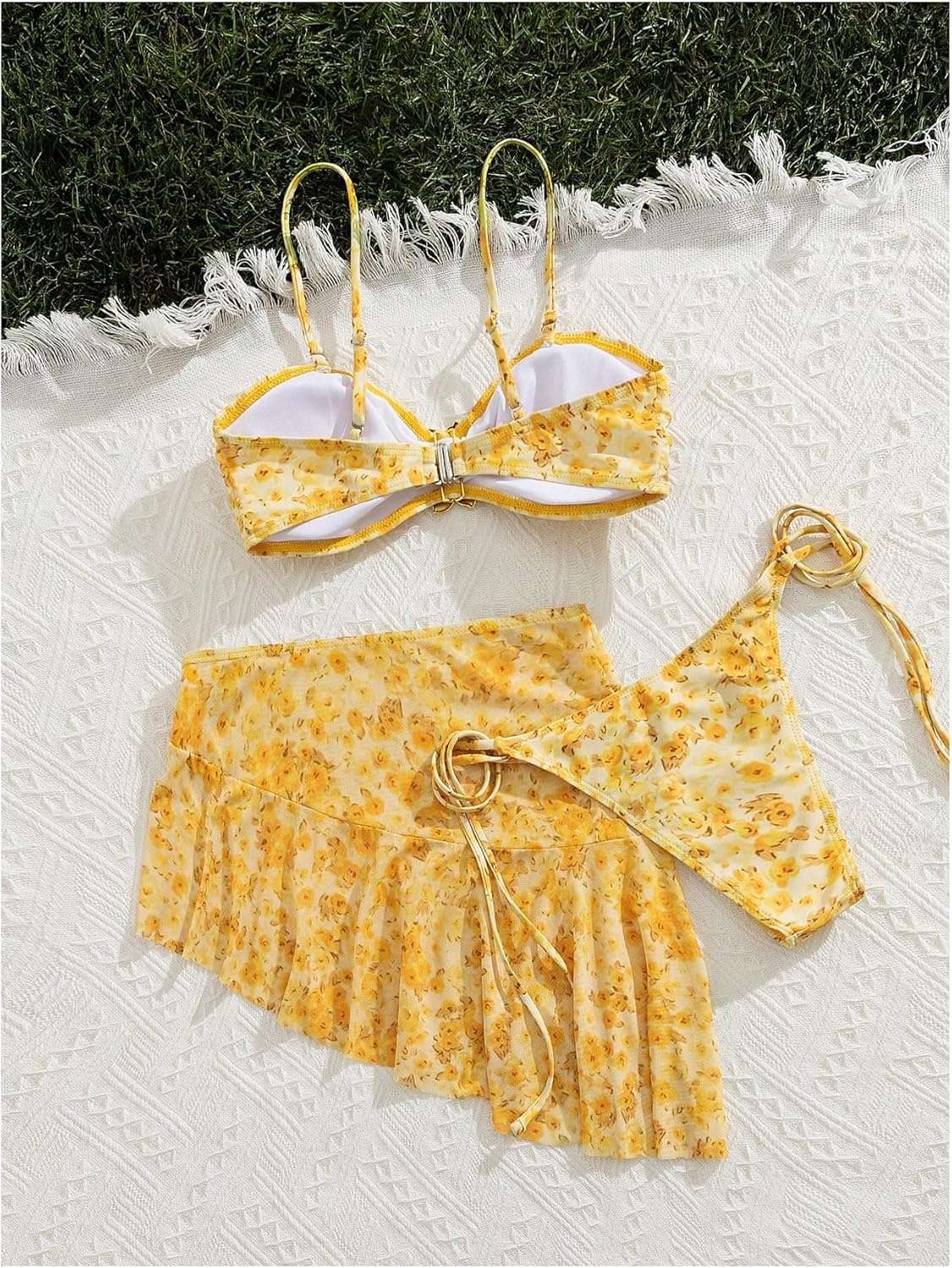 image:imageMakeMeChic Womens 3 Piece Bikini Set Floral Metal Decor Tie Side Swimsuit with Cover Up SkirtMulticolor