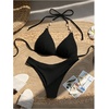 image:imageMakeMeChic Womens Beach Ribbed Triangle Bikini Sets Pearl Tie Backless Summer Bathing SuitBlack