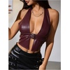 image:imageMakeMeChic Womens PU Leather Going Out Top Buckle Y2K Halter Crop Corset Party ClubwearBurgundy