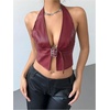 image:imageMakeMeChic Womens PU Leather Going Out Top Buckle Y2K Halter Crop Corset Party ClubwearRed