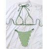 image:imageMakeMeChic Womens Striped Triangle Bikini Set Halter String Tie Backless Bathing SuitGreen