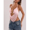 image:imageMakeMeChic Womens Summer Crochet Halter Tank Top Open Back Draped Front Rave Festival Vacation Going Out TopsCoral Pink