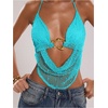 image:imageMakeMeChic Womens Summer Crochet Halter Tank Top Open Back Draped Front Rave Festival Vacation Going Out TopsMint Blue