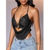 image:imageMakeMeChic Womens Summer Crochet Halter Tank Top Open Back Draped Front Rave Festival Vacation Going Out TopsSequin Black