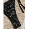 image:imageMakeMeChic Womens Summer Sequin String Bathing Suit Triangle Metallic Thong Swimsuit Crochet Bikini Sets with Cover UpBlack