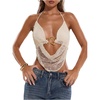 image:imageMakeMeChic Womens Summer Crochet Halter Tank Top Open Back Draped Front Rave Festival Vacation Going Out TopsBeige