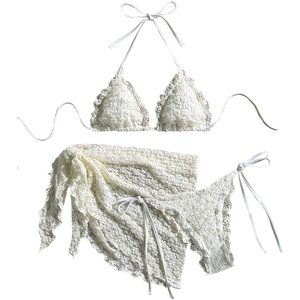 image:imageMAKEMECHIC Womens 3 Piece Summer Bathing Suit Floral Lace Seashell Triangle Bikini Sets with Beach SarongsApricot