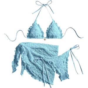 image:imageMAKEMECHIC Womens 3 Piece Summer Bathing Suit Floral Lace Seashell Triangle Bikini Sets with Beach SarongsBlue