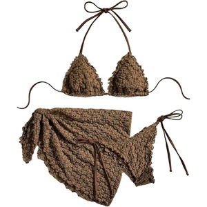 image:imageMAKEMECHIC Womens 3 Piece Summer Bathing Suit Floral Lace Seashell Triangle Bikini Sets with Beach SarongsBrown