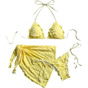 image:imageMAKEMECHIC Womens 3 Piece Summer Bathing Suit Floral Lace Seashell Triangle Bikini Sets with Beach SarongsPale Yellow