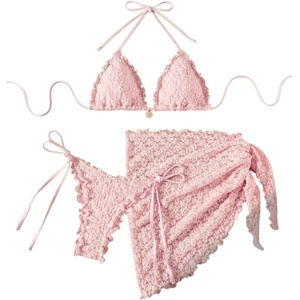 image:imageMAKEMECHIC Womens 3 Piece Summer Bathing Suit Floral Lace Seashell Triangle Bikini Sets with Beach SarongsPink