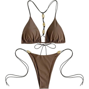 image:imageMakeMeChic Womens 2 Piece Bikini Sets Halter Beaded Triangle Tie Side SwimsuitsBrown