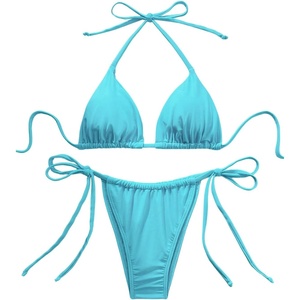 image:imageMakeMeChic Womens 2 Piece Bikini Sets Halter Triangle High Cut Thong Bathing SuitsBlue