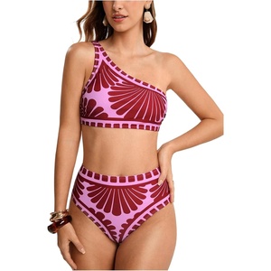 image:imageMakeMeChic Womens 2 Piece Bikini Sets One Shoulder Graphic Print Backless Beach Boho Vacation SwimsuitsPink
