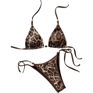 image:imageMakeMeChic Womens 2 Piece Sequin Cheetah Print Bikini Set Halter Sparkly String Bathing SuitsMulticolor