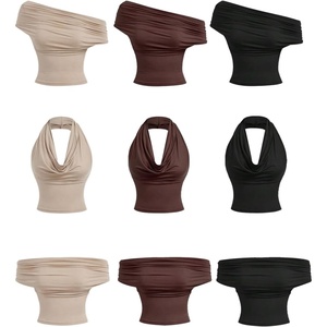 image:imageMakeMeChic Womens 3 Pack Off The Shoulder Halter Crop Tank Top Draped Fitted Going Out TopsApricot Brown Black