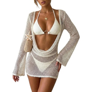 image:imageMakeMeChic Womens 3 Piece Swimsuit Triangle Thong Bikini Sets Bathing Suit Crochet Beach Cover Ups DressApricot