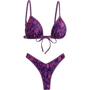 image:imageMakeMeChic Womens Bikini Sets Floral Print Spaghetti Strap High Cut Swimsuit BeachwearPurple