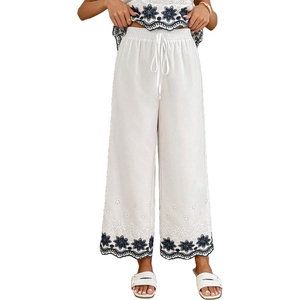 image:imageMakeMeChic Womens Boho Eyelet Embroidery Wide Leg Pants High Waist Tie Front Cropped TrousersApricot