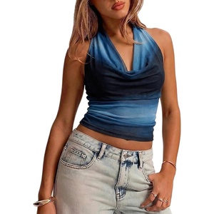 image:imageMakeMeChic Womens Polka Dots Halter Top Y2k Going Out Tops Backless Deep V Cowl Neck TopsBlue Tie Dye