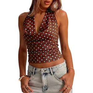 image:imageMakeMeChic Womens Polka Dots Halter Top Y2k Going Out Tops Backless Deep V Cowl Neck TopsBlue and Brown