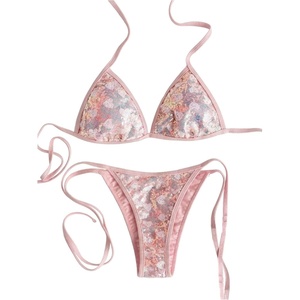 image:imageMakeMeChic Womens Sequin Sparkly Bikini Sets Halter Triangle Tie Side Thong Bathing SuitPink
