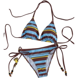 image:imageMakeMeChic Womens Striped Bikini Sets Halter Triangle Tie Side Thong 2 Piece Bathing SuitBlue and Brown