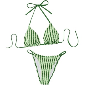 image:imageMakeMeChic Womens Striped Triangle Bikini Set Halter String Tie Backless Bathing SuitGreen