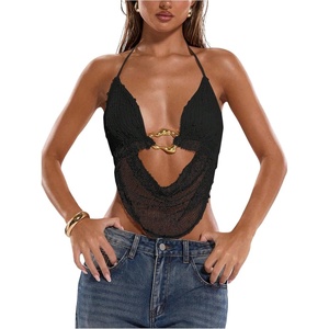 image:imageMakeMeChic Womens Summer Crochet Halter Tank Top Open Back Draped Front Rave Festival Vacation Going Out TopsBlack