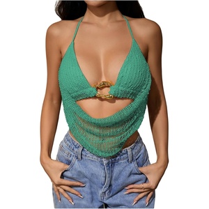 image:imageMakeMeChic Womens Summer Crochet Halter Tank Top Open Back Draped Front Rave Festival Vacation Going Out TopsGreen