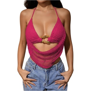 image:imageMakeMeChic Womens Summer Crochet Halter Tank Top Open Back Draped Front Rave Festival Vacation Going Out TopsHot Pink