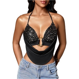 image:imageMakeMeChic Womens Summer Crochet Halter Tank Top Open Back Draped Front Rave Festival Vacation Going Out TopsSequin Black
