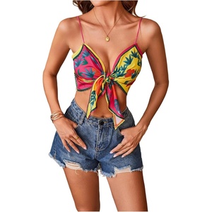 image:imageMakeMeChic Womens Summer Floral Halter Tops Tie Front Backless Crop Tank Top Sleeveless Beach Vacation OutfitsMulticolor