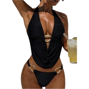 image:imageMakeMeChic Womens Tankini Swimsuits Summer Draped Backless Halter High Cut Two Piece Bathing SuitsBlack
