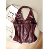 image:imageMAKEMECHIC Womens PU Leather Halter Crop Tops Backless Button Down Vest WaistcoatBurgundy
