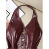 image:imageMAKEMECHIC Womens PU Leather Halter Crop Tops Backless Button Down Vest WaistcoatBurgundy